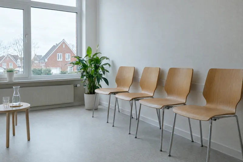 Leeres Wartezimmer einer Arztpraxis in hellen Farben