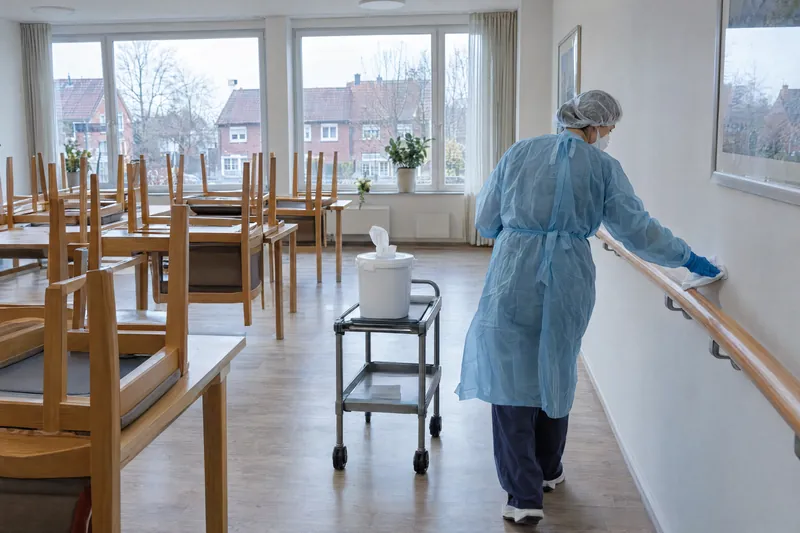 Desinfektion der Handläufe im Speiseraum eines Pflegeheims nach einem Norovirus-Ausbruch, mit Schutzkittel, Haube und Maske