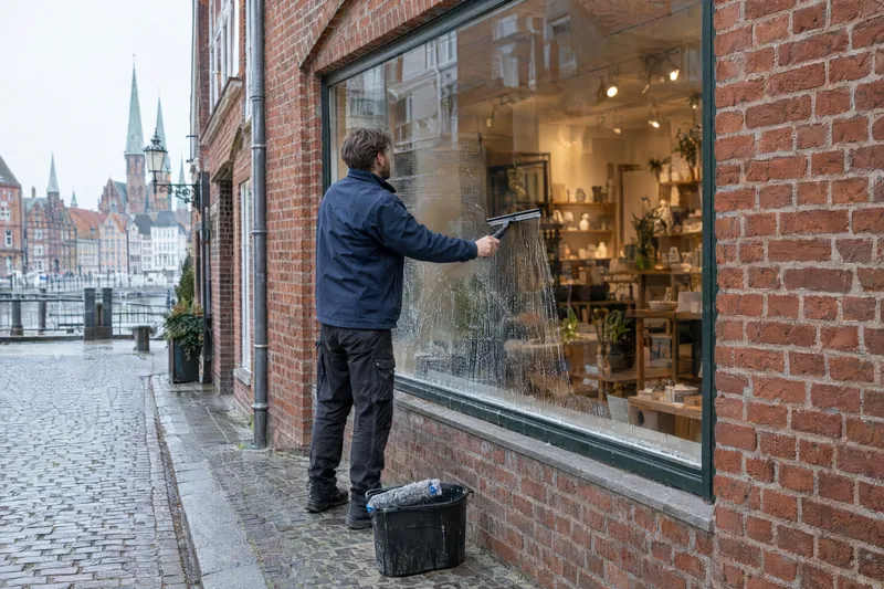 Reinigung eines Schaufensters an einem Backsteinhaus in der Lübecker Altstadt, auf dem Kopfsteinpflaster steht ein Eimer