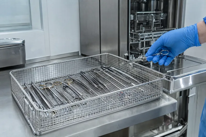 Chirurgische Instrumente auf einem Siebtray aus Edelstahl