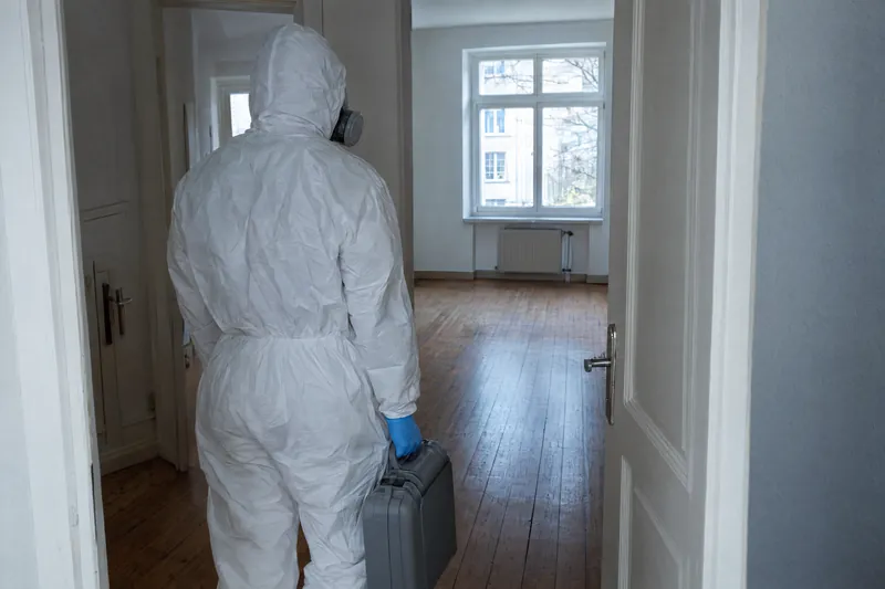 Fachkraft im Schutzanzug betritt einen abgedunkelten Wohnraum