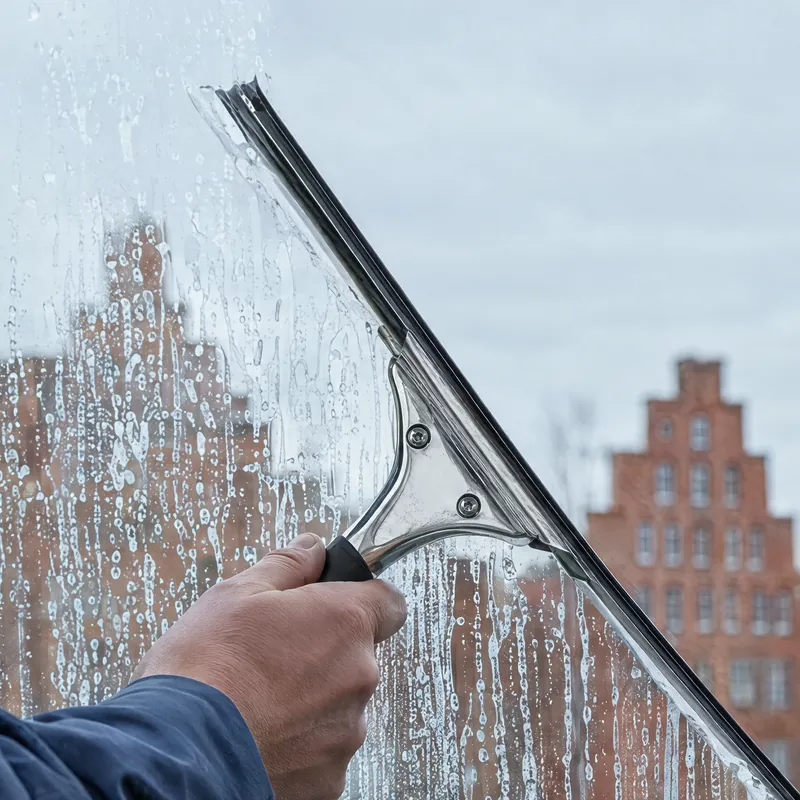 Abzieher zieht Seifenwasser von einer Fensterscheibe, dahinter ein Lübecker Treppengiebel